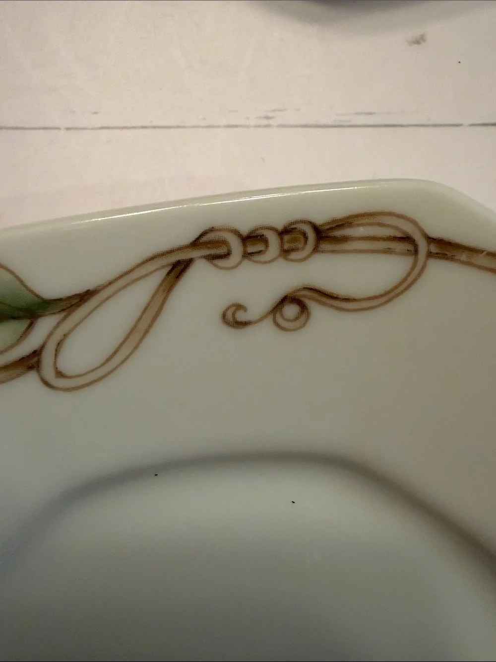 Fitz and Floyd White Porcelain Plates with Green Leaves and Gold Scroll